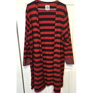 Tees2UrDoor Womens Long Open Cardigan Plus 2X/3X Striped Red/Dk Gray Stretch USA